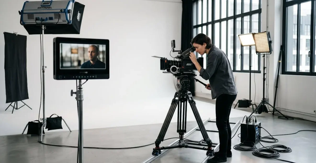 Chef opérateur professionnel ajustant une caméra cinéma RED montée sur trépied dans un studio de production audiovisuelle moderne avec éclairage LED