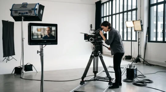 Chef opérateur professionnel ajustant une caméra cinéma RED montée sur trépied dans un studio de production audiovisuelle moderne avec éclairage LED