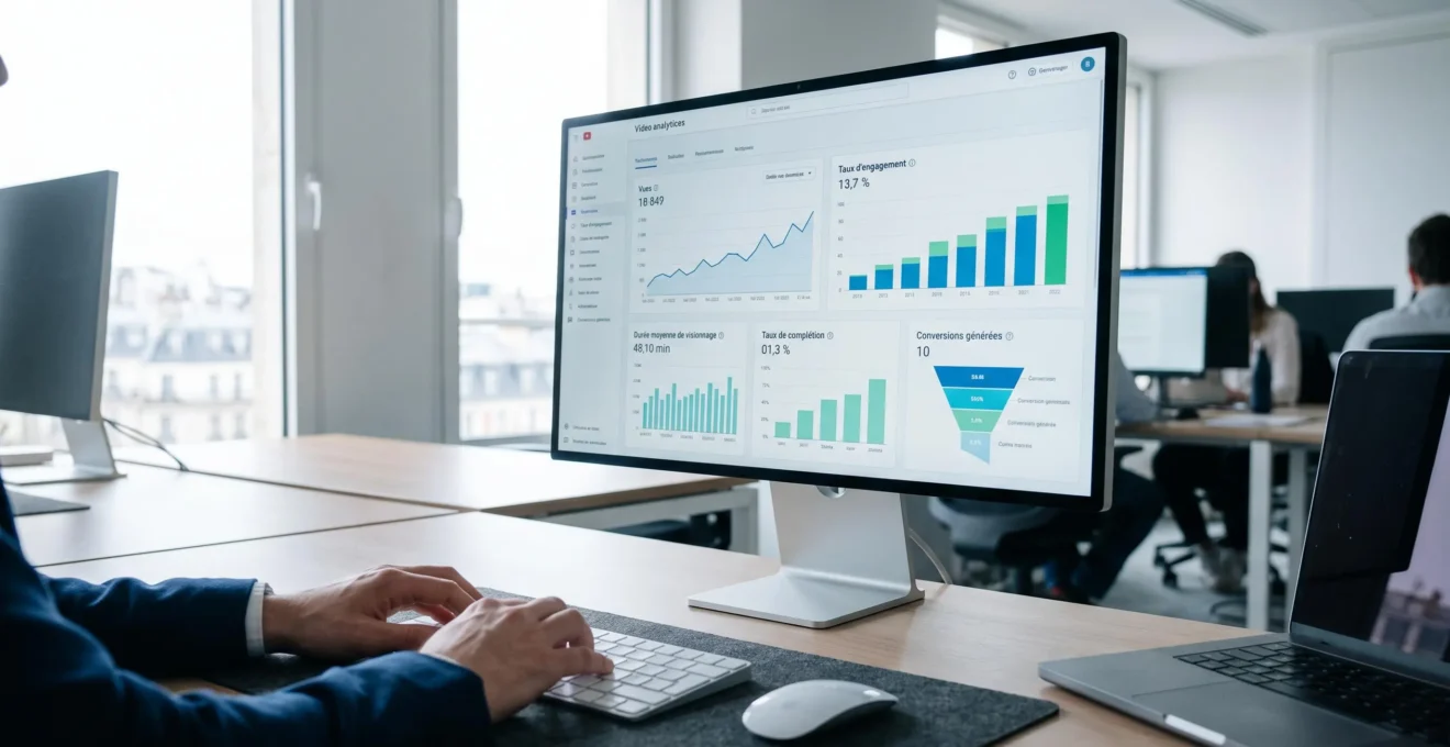 Écran d'ordinateur affichant tableau de bord analytics vidéo avec graphiques de performance, métriques d'engagement et taux de conversion en français
