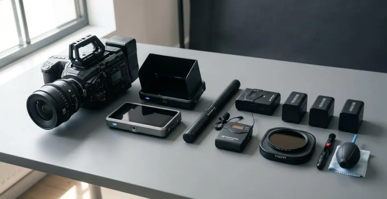 Équipement de production vidéo professionnel organisé sur table de travail : caméra cinéma, objectif prime, microphones professionnels, moniteur externe et batteries