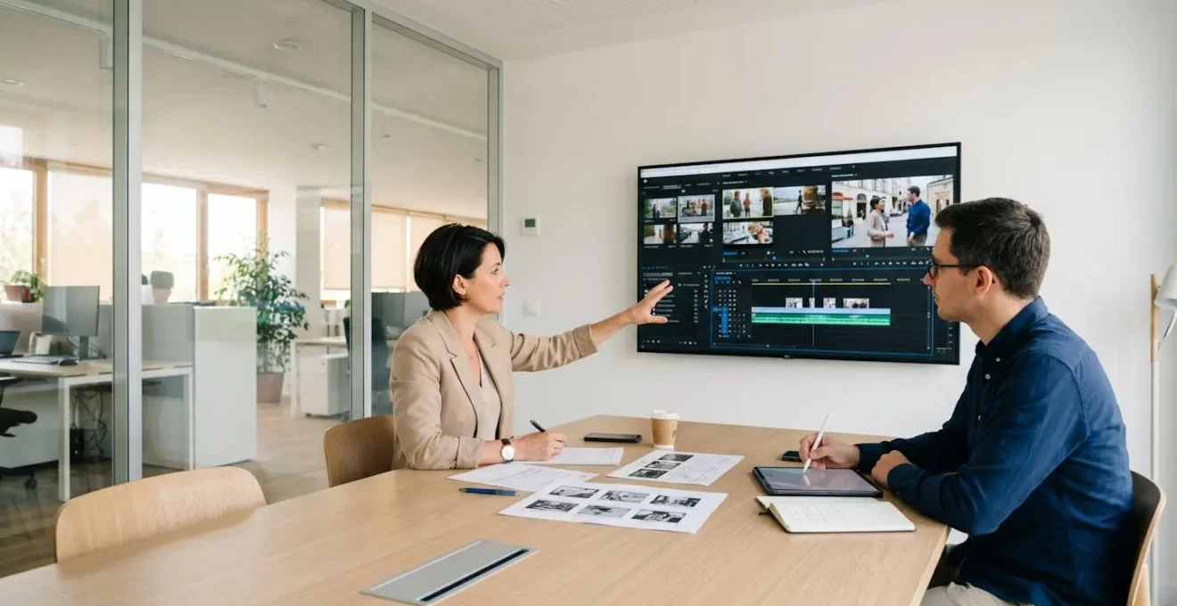 Deux professionnels en réunion examinant une timeline de montage vidéo affichée sur grand écran dans une salle de réunion moderne lumineuse